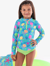 Load image into Gallery viewer, Girls Neon Jelly Time Long Sleeve Zipper Rash Guard 2-Piece Swimsuit with Signature Rear Ruffles