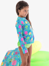 Load image into Gallery viewer, Girls Neon Jelly Time Long Sleeve Zipper Rash Guard 2-Piece Swimsuit with Signature Rear Ruffles