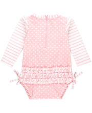 Load image into Gallery viewer, Baby Girls Pink Polka Dot Long Sleeve One Piece Rash Guard Swimsuit with Signature Rear Ruffles