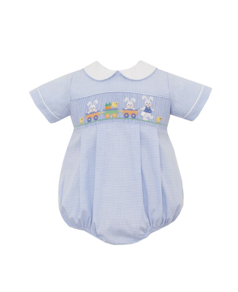 Bunnies With Wagon Bishop- Boy's Bubble Light Blue Gingham