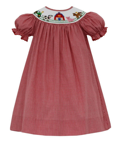 Red Gingham Short Sleeve Bishop Dress with Insert Farm Animals