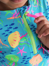 Load image into Gallery viewer, Girls Neon Jelly Time Long Sleeve Zipper Rash Guard 2-Piece Swimsuit with Signature Rear Ruffles