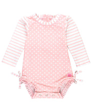 Load image into Gallery viewer, Baby Girls Pink Polka Dot Long Sleeve One Piece Rash Guard Swimsuit with Signature Rear Ruffles