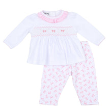 Load image into Gallery viewer, Pink Baby Bows Smocked Printed Ruffle Pant Set