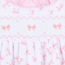 Load image into Gallery viewer, Pink Baby Bows Smocked Printed Ruffle Pant Set