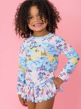 Load image into Gallery viewer, Girls Beach Day Scallop Hem Long Sleeve Rash Guard 2-Piece Swimsuit with Signature Rear Ruffles