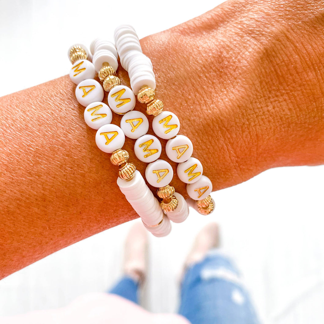 Mama Heishi Bracelets: White/Gold Letters