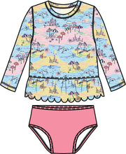 Load image into Gallery viewer, Girls Beach Day Scallop Hem Long Sleeve Rash Guard 2-Piece Swimsuit with Signature Rear Ruffles