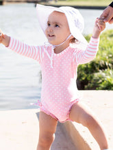 Load image into Gallery viewer, Baby Girls Pink Polka Dot Long Sleeve One Piece Rash Guard Swimsuit with Signature Rear Ruffles