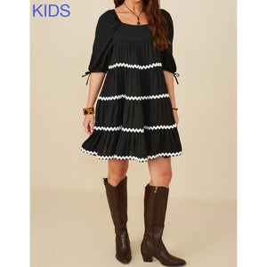 Girls Wavy Twill Trimmed Square Neck Dress