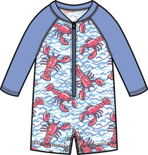 Load image into Gallery viewer, Baby Boys Blue Lobster Lagoon Long Sleeve One Piece Rash Guard Swimsuit