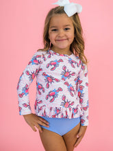 Load image into Gallery viewer, Girls Pink Lobster Lagoon Long Sleeve Rash Guard 2-Piece Swimsuit with Signature Rear Ruffles