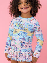 Load image into Gallery viewer, Girls Beach Day Scallop Hem Long Sleeve Rash Guard 2-Piece Swimsuit with Signature Rear Ruffles