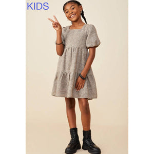 Girls Square Neck Textured Knit Sleeve Dress