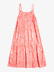 Future Nostalgia Long Strappy Tiered Dress Sunkissed Coral Tropical Tide