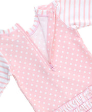 Load image into Gallery viewer, Baby Girls Pink Polka Dot Long Sleeve One Piece Rash Guard Swimsuit with Signature Rear Ruffles