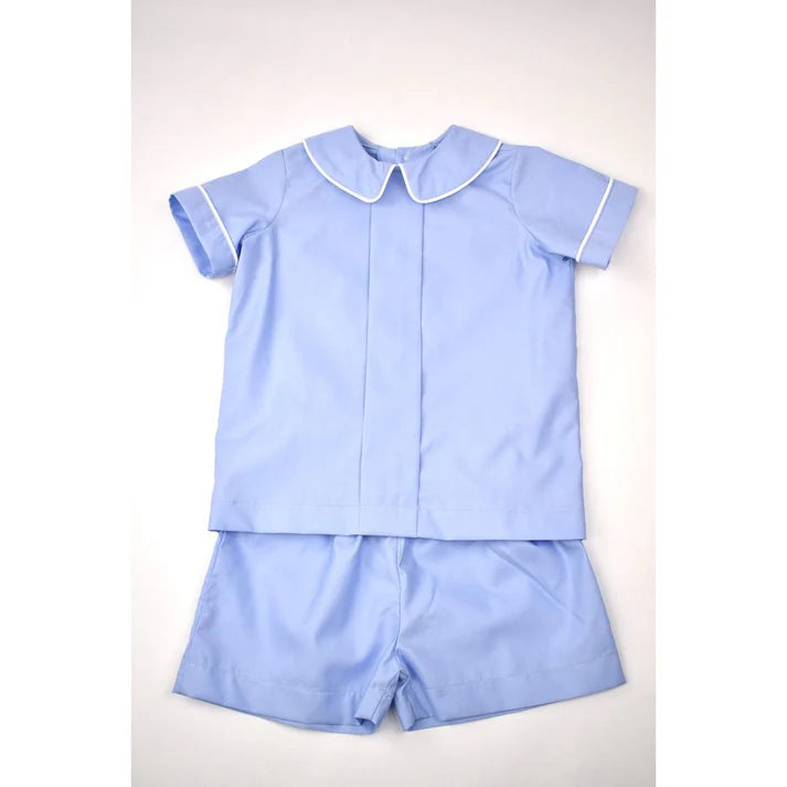Blue Linen Boys Short Set