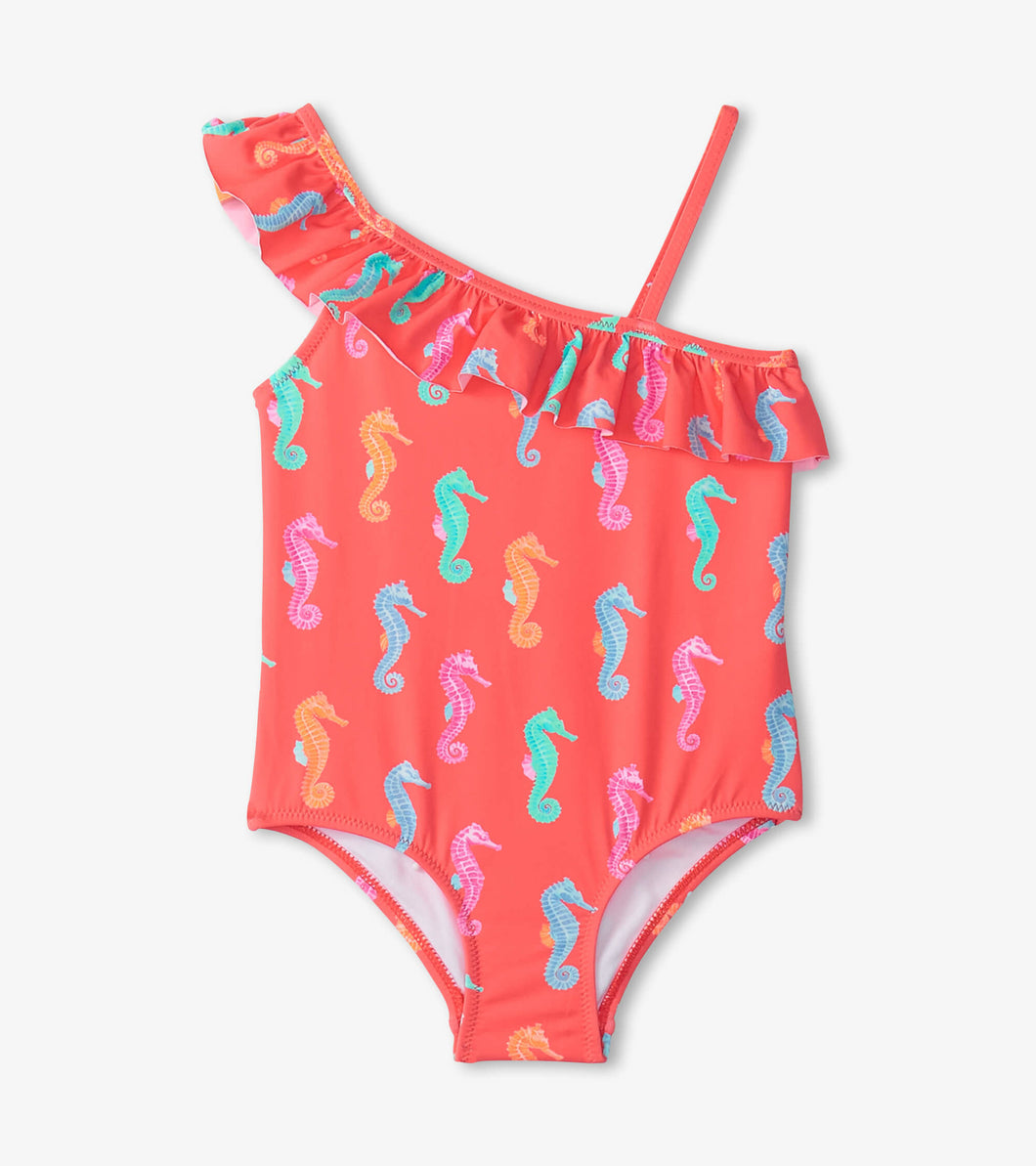 Painted Sea Horses Ruffle Trim Swimsuit