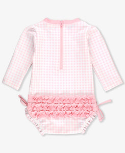 Pink Gingham Long Sleeve One Piece Rash Guard