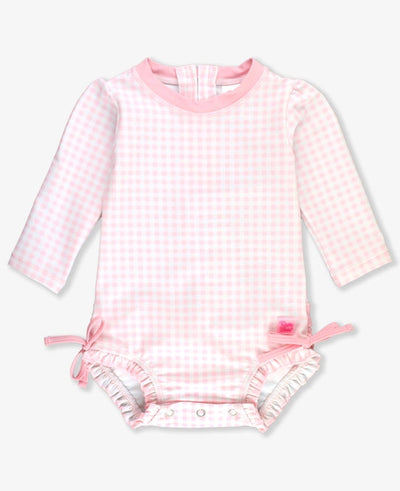 Pink Gingham Long Sleeve One Piece Rash Guard