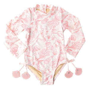 Coral Seaside Toile Long Sleeve One Piece Swimsuit