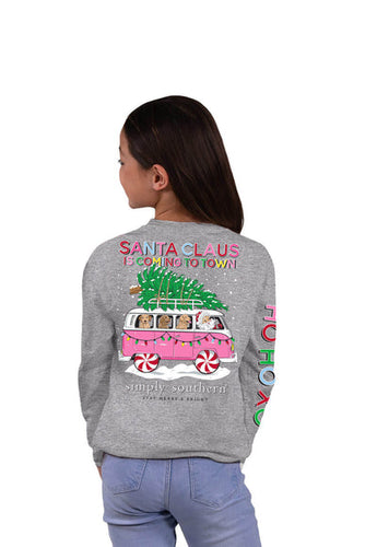 Simply Southern Youth Long Sleeve Santa Bus T-Shirt for Girls in Grey