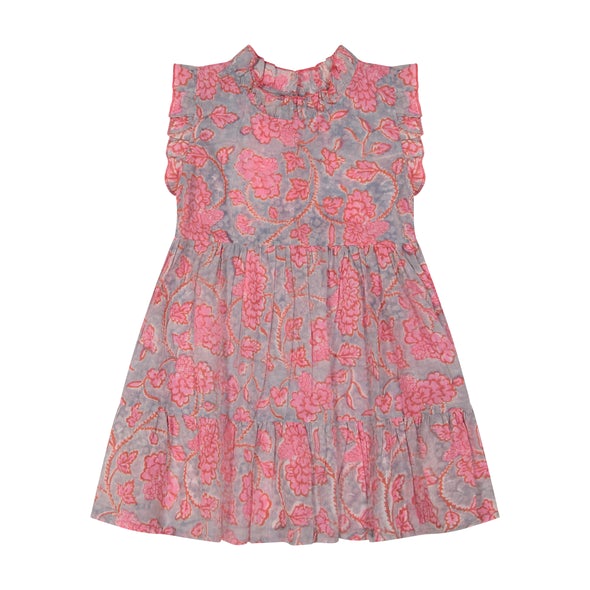 Ondine Ruffle Dress Bagru Pink Block Print
