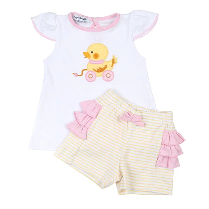 Duckie Pull Toy Ruffle Flutters Short Set Pink