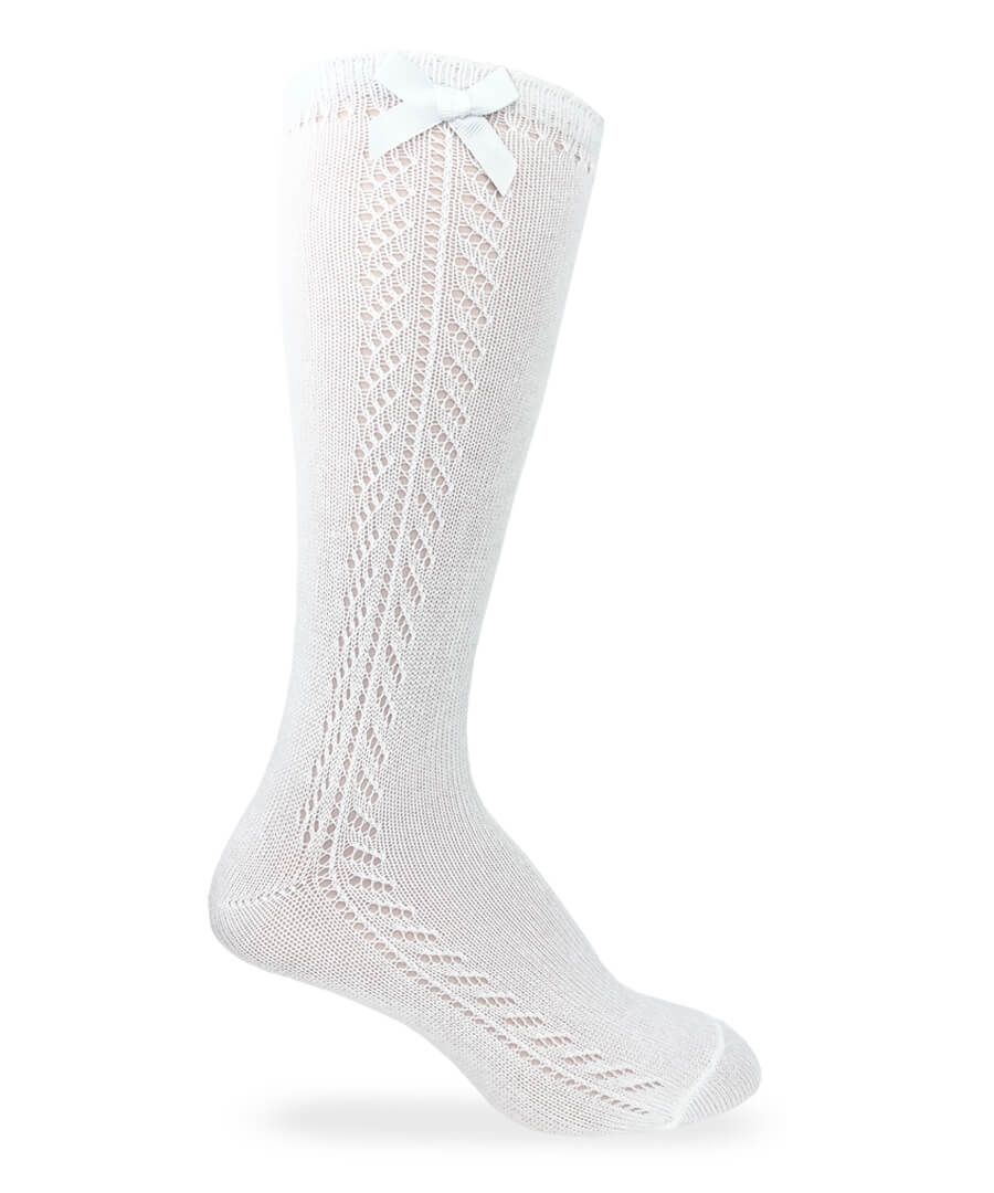 White Pointelle Bow Knee Socks