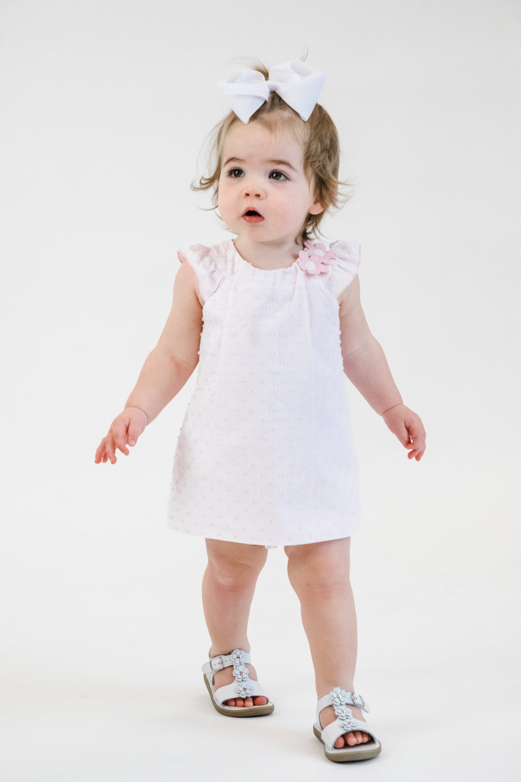 White/Pink Swiss Dot Dress With Flowers, Bloomer