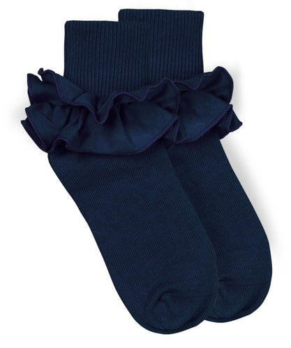 Navy Ruffle Lace Turn Cuff Sock