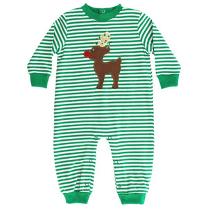 Boy's Knit Long Sleeve Romper Reindeer Green/White Stripe