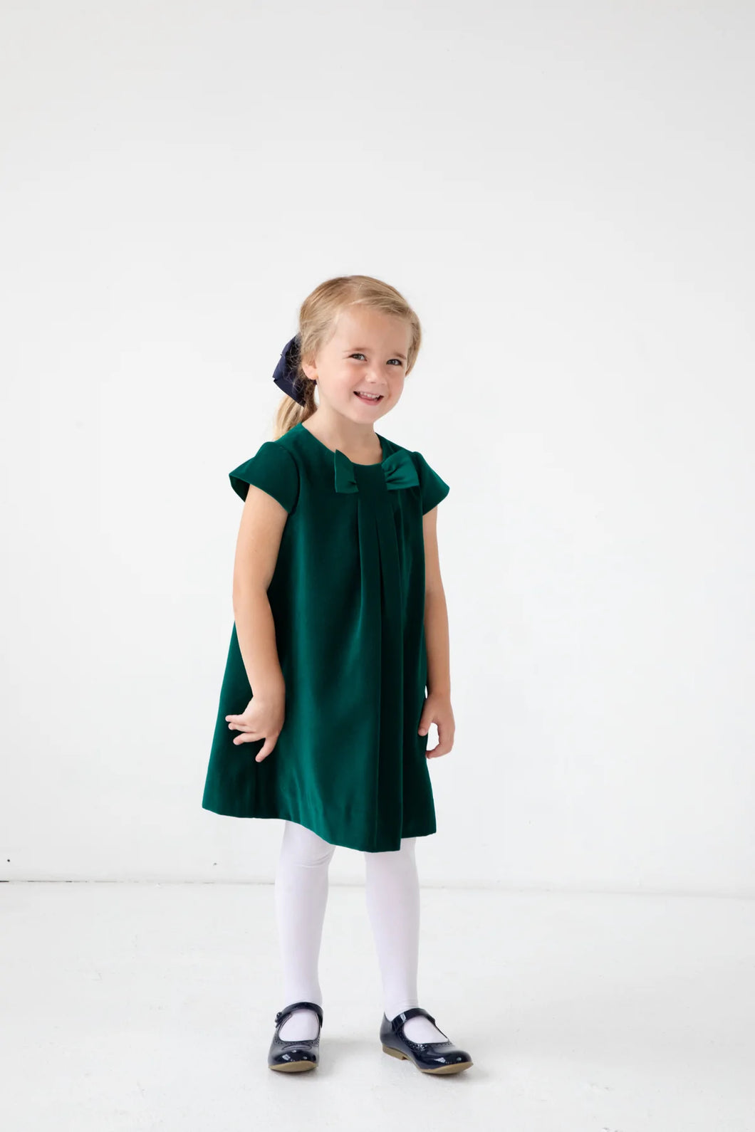 Green Velvet Dress with Pleat and Satin Bow