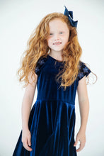 Load image into Gallery viewer, Stretch Velvet Navy Blue Dress with Flowers and Pearls