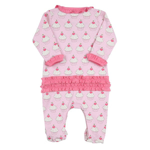 Baby Cakes Printed Ruffle Footie Pink