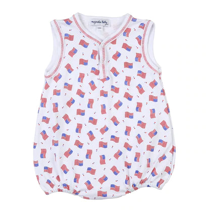 Tiny Red, White, and Blue Printed Front Snap Sleeveless Bubble