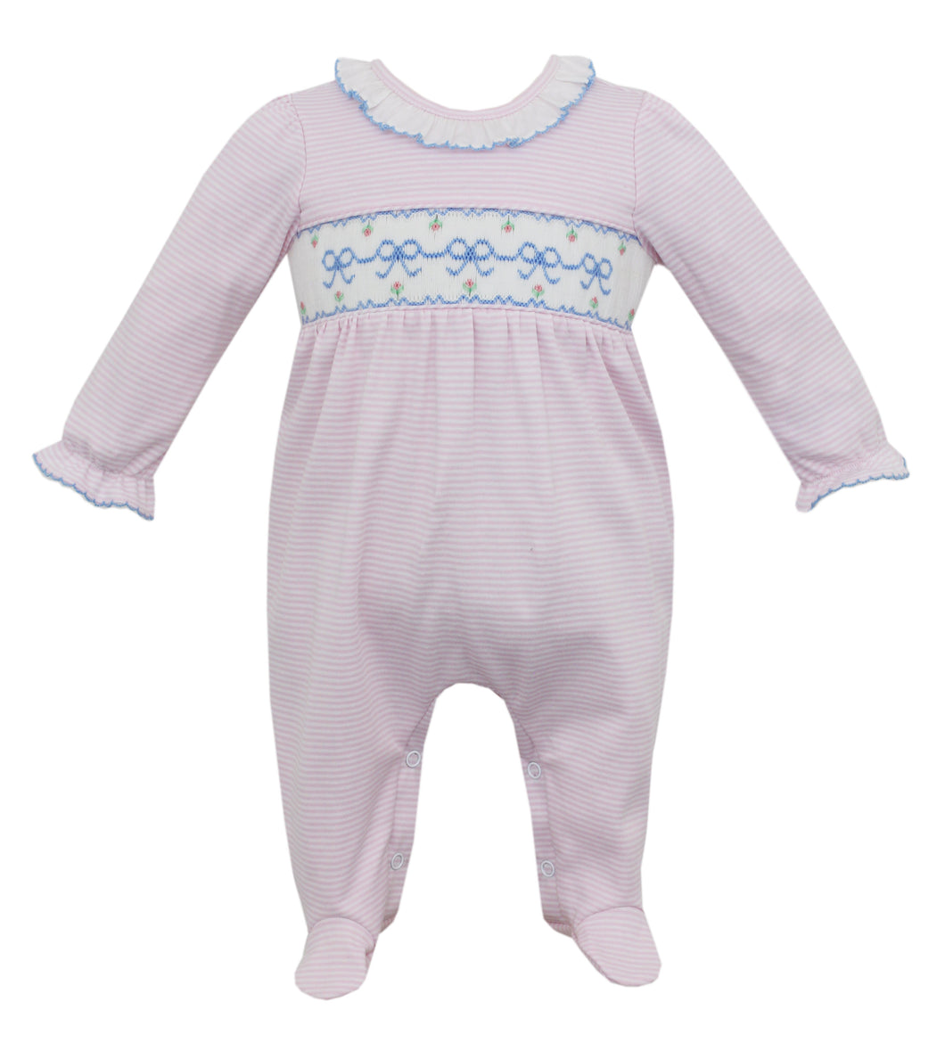 Girl's Long Sleeve Footie Pink Stripe Knit Bows
