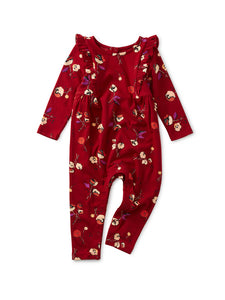 Ruffle Shoulder Baby Romper Tossed Tulips in Red