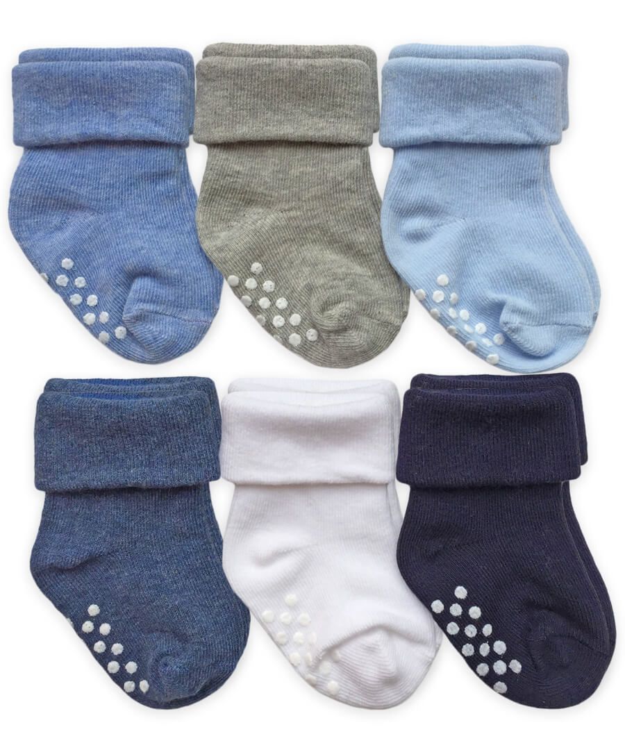 Non-Skid Turn Cuff Socks Blue Multi 6 Pack