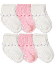 Load image into Gallery viewer, Non-Skid Scalloped Turn Cuff Socks 6pk White &amp; Pink