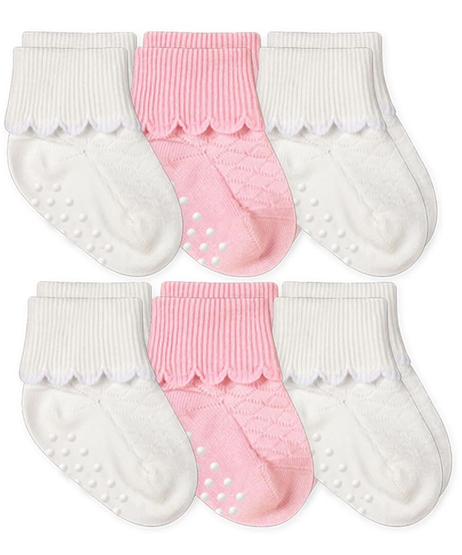 Non-Skid Scalloped Turn Cuff Socks 6pk White & Pink