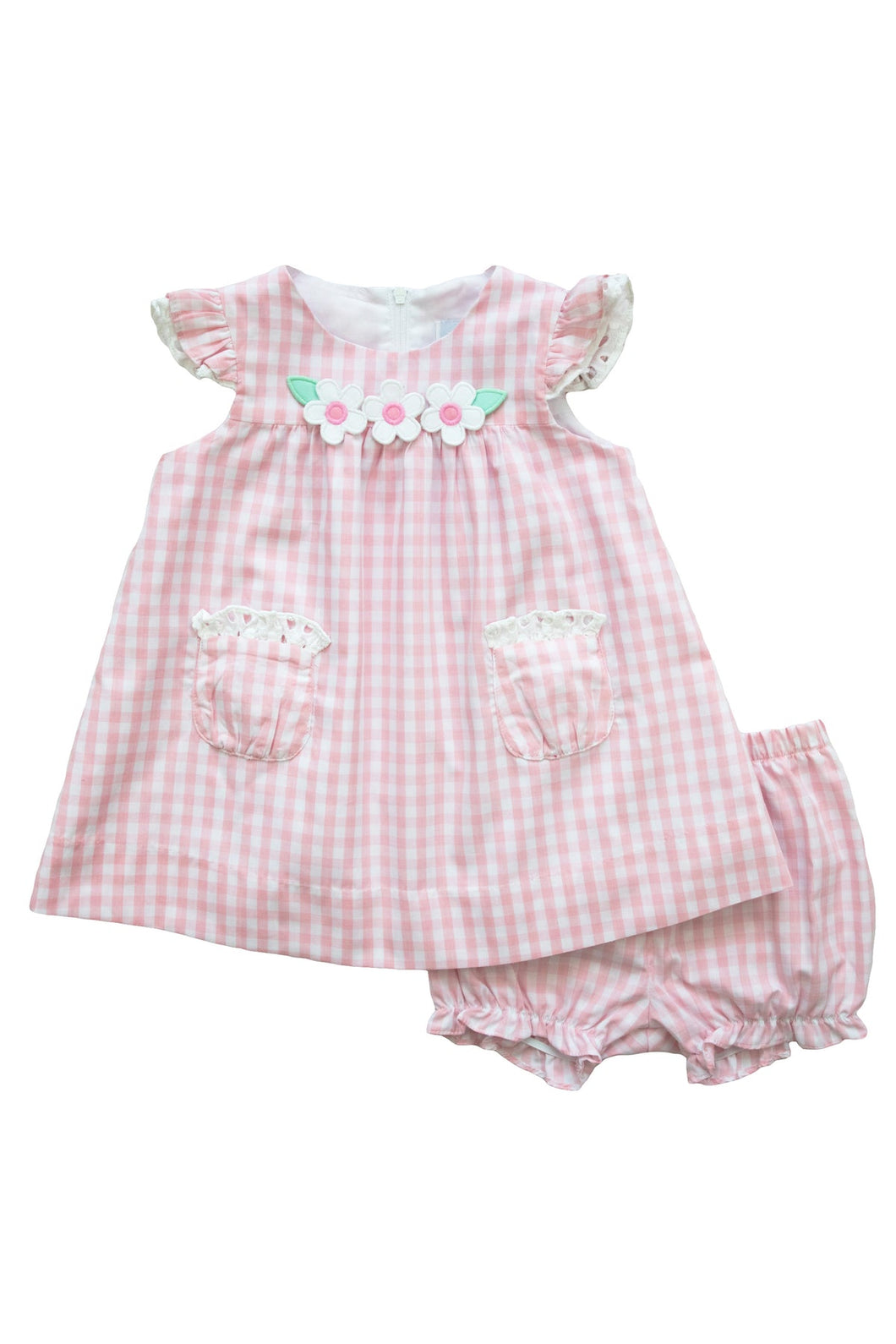 Pink Check Poplin Dress and Bloomer with Flowers