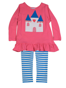 Hot Pink Castle Baby Doll Top & Turquoise Stripe Leggings Set
