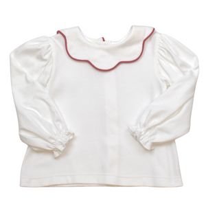 Scarlett Scalloped Blouse Long Sleeve White/Red Piping