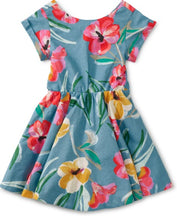 Load image into Gallery viewer, Button Back Skirted Dress Painterly Hibiscus in Blue