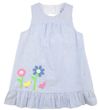 Load image into Gallery viewer, Blue &amp; White Seersucker Dress with Flowers &amp; Chicks