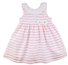 Load image into Gallery viewer, Pink Stripe Dress with Flower &amp; Ruffle Neck