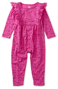 Tossed Strawberries in Pink Snap Front Ruffle Baby Romper