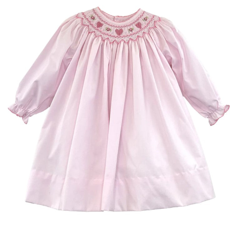 Baby Pink Long-Sleeved Dress with Smocked Hearts
