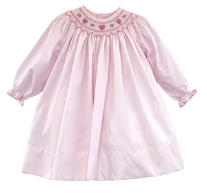 Pink Long-Sleeved Dress with Smocked Hearts